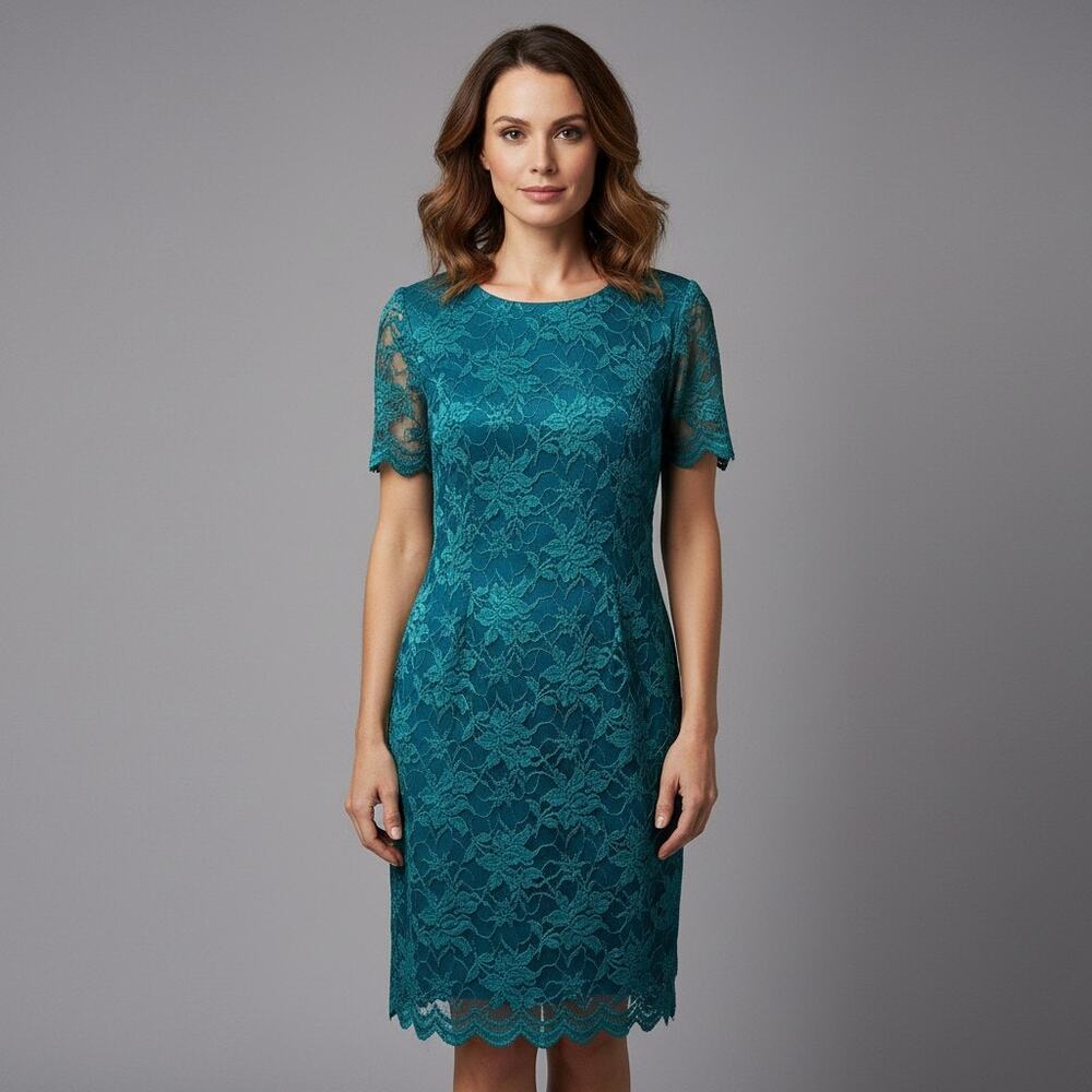 Vintage David Rose Evening Dress Size 8 Teal Overall Lace Scalloped Hem Lined